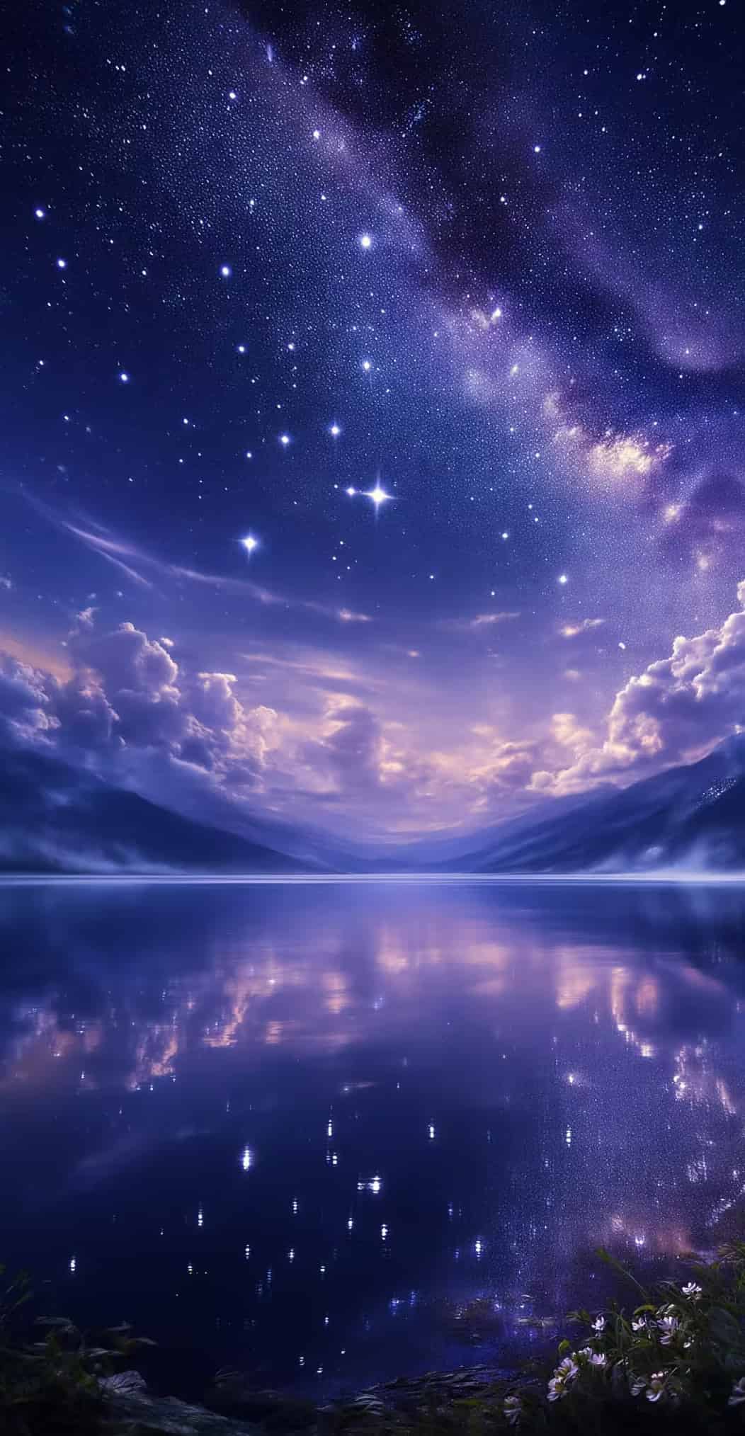 Starry night sky over calm water and mountains
