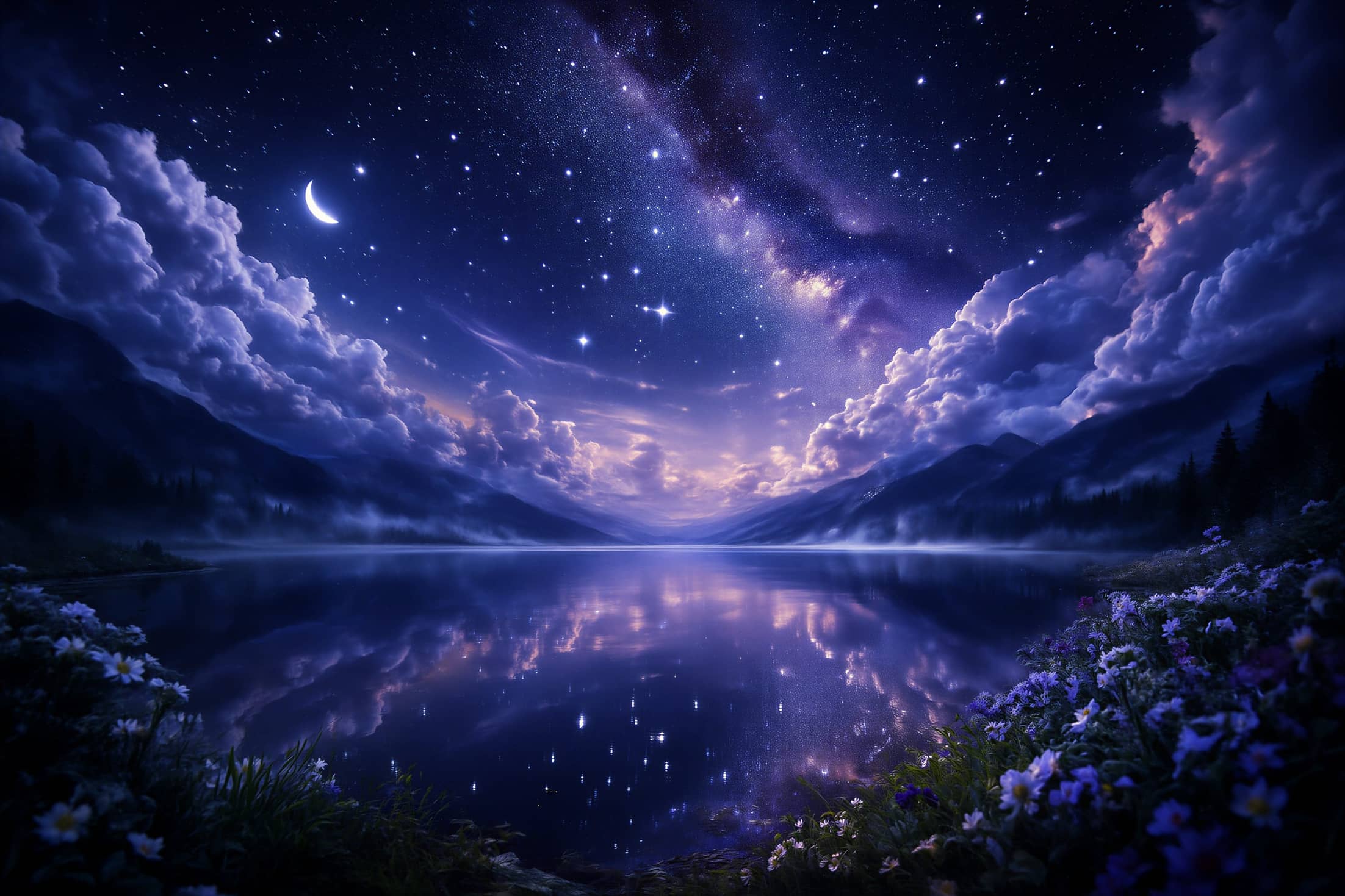 Starry night sky over calm water and mountains